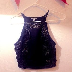 Black High Neck Crop Top with gold detailing